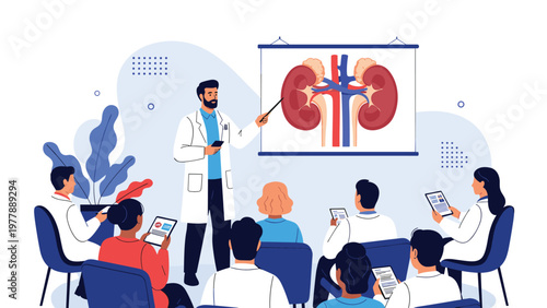 Professional doctor or medical professor giving a presentation about kidney anatomy to a group of medical students.