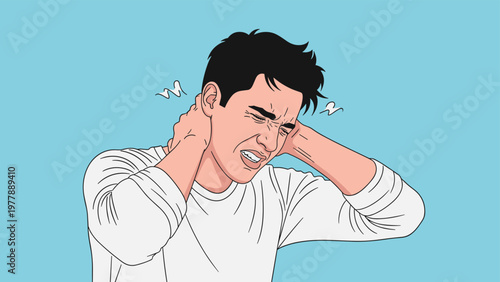 Young man suffering from severe neck and shoulder pain, holding his head in discomfort against a blue background.