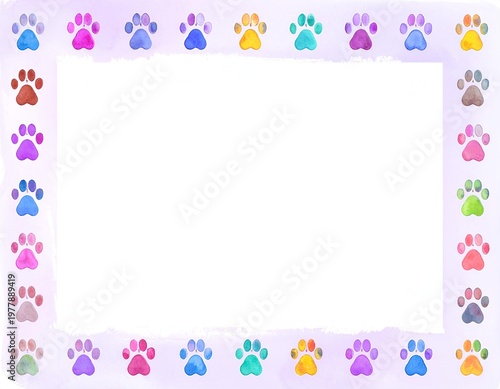 Colorful rainbow paw prints frame on white background