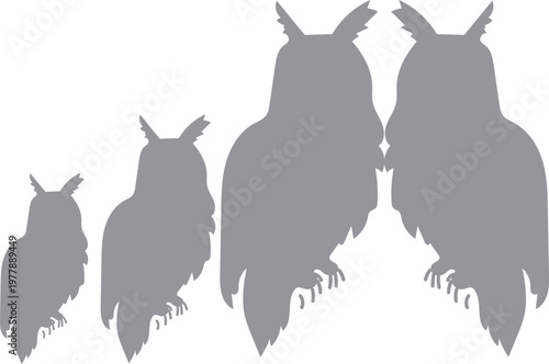 Grey silhouettes of sitting owls in various sizes, isolated on white background, Neutral nocturnal bird shapes for minimal nature and wildlife design.