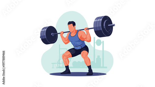 Strong male athlete performing a heavy barbell squat exercise in a gym for strength and muscle building goals.