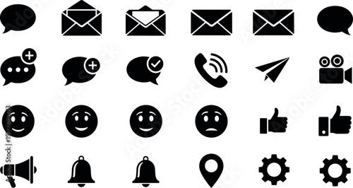 Communication and messaging solid icons set vector illustration with chat bubbles email phone reactions and notification symbols