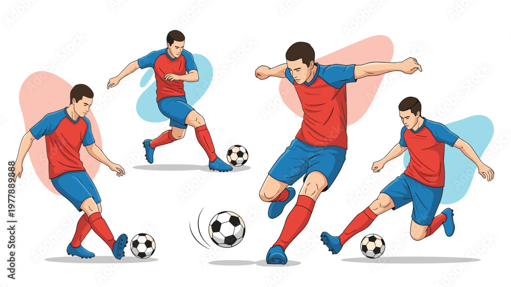 Obraz premium Multiple poses of a professional soccer player demonstrating different ball control and kicking techniques in action.