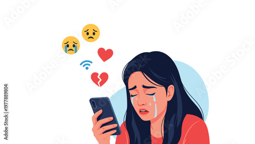 Sad and crying young woman looking at her smartphone with heartbreak and loneliness symbols in the background.