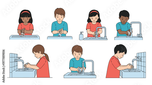 Educational set of children demonstrating correct hand washing techniques at a sink for better hygiene and health.
