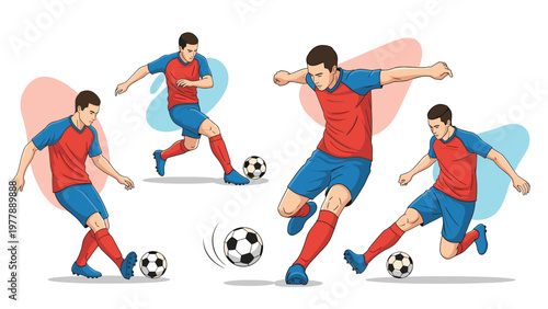 Multiple poses of a professional soccer player demonstrating different ball control and kicking techniques in action.