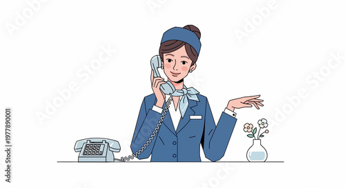 Vector illustration of a polite professional woman in service uniform answering a telephone, embodying responsive customer support and clear communication service