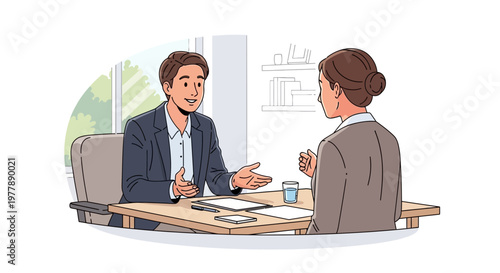 Vector illustration depicting a professional business discussion or job interview between two individuals in an office, highlighting communication, partnership, and teamwork goals