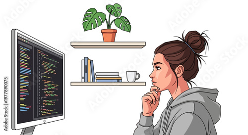 Vector illustration of a focused young woman programmer analyzing complex code on a computer screen, deeply engaged in software development and problem-solving within her modern workspace