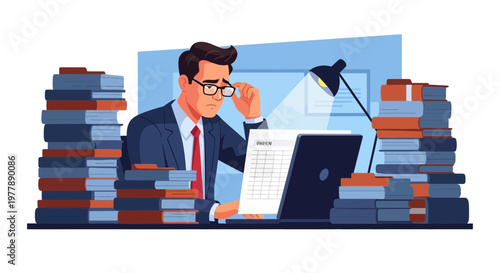 Vector illustration of an overworked businessman struggling with immense piles of paperwork, feeling stressed and overwhelmed by his endless office tasks and deadlines