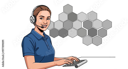 Vector illustration Female service professional with headset, typing, hexagonal background. Digital communication, efficient client support