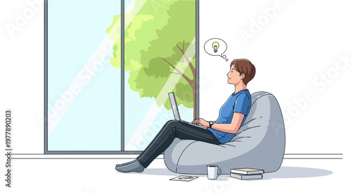 Vector illustration of a person working remotely on a laptop, finding inspiration and new ideas from a bean bag by a window