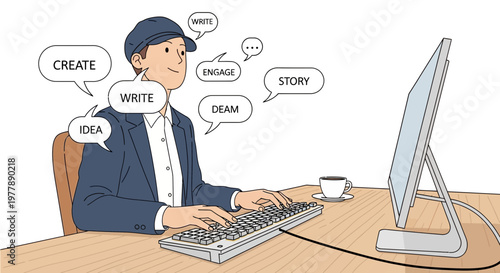 Vector illustration of a creative person brainstorming and writing new ideas at a computer, symbolizing digital content creation and imaginative work