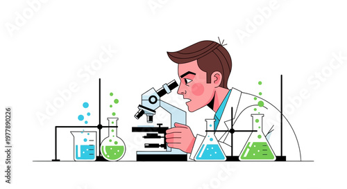 Vector illustration of a dedicated scientist using a microscope in a laboratory, conducting vital research and experiment, symbolizing scientific discovery and innovation