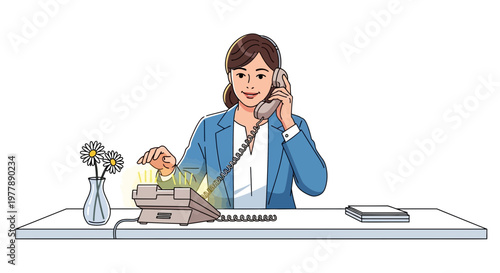 Engaged professional woman in a modern office setting answers a ringing desk phone, providing excellent customer service in this vibrant vector illustration