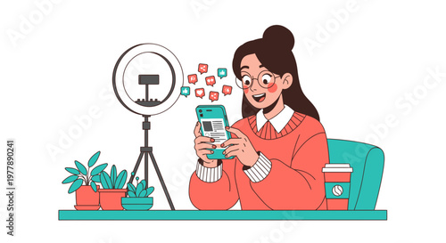 Vector illustration of a modern woman creating engaging social media content, live streaming with a smartphone and professional ring light, embodying digital influence and online creator lifestyle