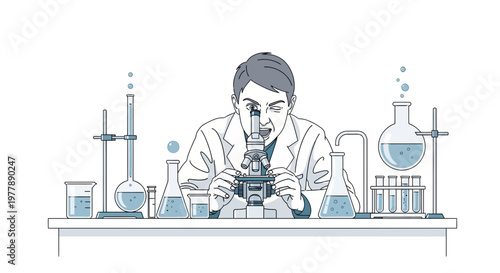 Vector illustration of a scientist conducting research. Using a microscope in a lab with beakers, symbolizing scientific discovery and analysis