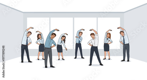 Healthy corporate employees engaging in office stretching during a break, promoting well-being and productivity. Vector illustration of workplace fitness program