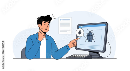 Vector illustration of a man pointing at a computer screen showing a software bug. Represents debugging, error detection, and quality assurance in development