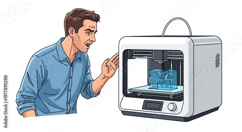Astonished man observing modern 3D printer crafting a complex object with precision, showcasing innovation and manufacturing technology. Vector illustration of rapid prototyping
