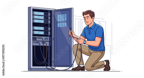IT technician connects network cables in server rack, performing essential system maintenance for data infrastructure. Vector illustration