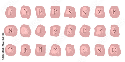 Set of hand drawn viking runes Rune stones with ancient norse alphabet characters engraved on them Scandinavian futhark germanic celtic Single element for design, print, web, decor