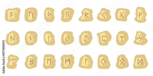 Set of hand drawn viking runes Rune stones with ancient norse alphabet characters engraved on them Scandinavian futhark germanic celtic Single element for design, print, web, decor
