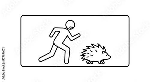 Man running away from a hedgehog, funny concept illustration, fear, surprise