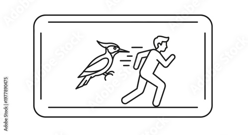 Man running away from a bird attacking him, illustration