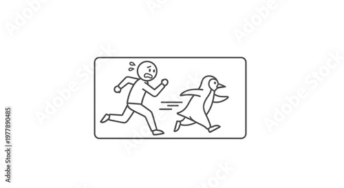 Man running away from a penguin, funny chase, cartoon style, white background