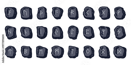 Set of hand drawn viking runes Rune stones with ancient norse alphabet characters engraved on them Scandinavian futhark germanic celtic Single element for design, print, web, decor