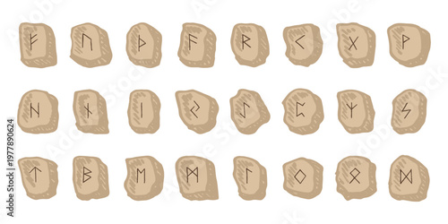 Set of hand drawn viking runes Rune stones with ancient norse alphabet characters engraved on them Scandinavian futhark germanic celtic Single element for design, print, web, decor
