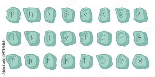 Set of hand drawn viking runes Rune stones with ancient norse alphabet characters engraved on them Scandinavian futhark germanic celtic Single element for design, print, web, decor