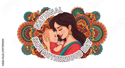 A vector illustration commemorates National Safe Motherhood Day, depicting a mother tenderly holding her baby against an ornate, colorful backdrop with a focus on maternal health awareness