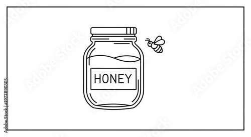Line Art Honey Jar with Bee Flying Towards It