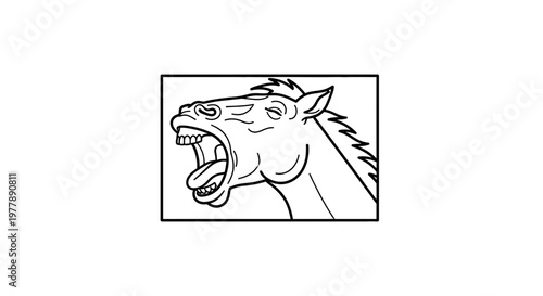 Line Art Horse Head Roaring or Yelling with Open Mouth and Sharp Teeth