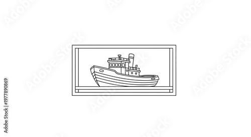 Line Art Illustration of a Tugboat on a Shelf Inside a Display Case