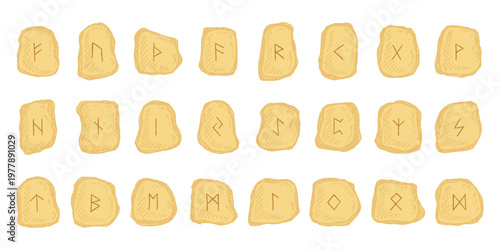 Set of hand drawn viking runes Rune stones with ancient norse alphabet characters engraved on them Scandinavian futhark germanic celtic Single element for design, print, web, decor