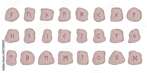 Set of hand drawn viking runes Rune stones with ancient norse alphabet characters engraved on them Scandinavian futhark germanic celtic Single element for design, print, web, decor