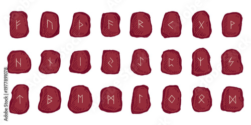 Set of hand drawn viking runes Rune stones with ancient norse alphabet characters engraved on them Scandinavian futhark germanic celtic Single element for design, print, web, decor