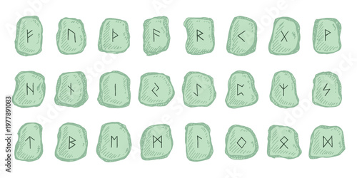 Set of hand drawn viking runes Rune stones with ancient norse alphabet characters engraved on them Scandinavian futhark germanic celtic Single element for design, print, web, decor