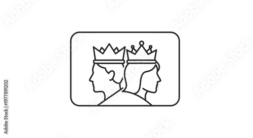 King and Queen Heads Silhouette Icon with Crowns, Royal Couple Symbol