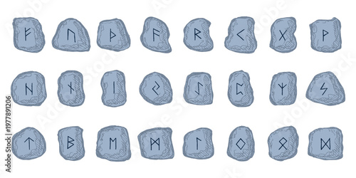 Set of hand drawn viking runes Rune stones with ancient norse alphabet characters engraved on them Scandinavian futhark germanic celtic Single element for design, print, web, decor