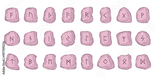 Set of hand drawn viking runes Rune stones with ancient norse alphabet characters engraved on them Scandinavian futhark germanic celtic Single element for design, print, web, decor