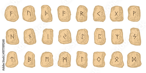 Set of hand drawn viking runes Rune stones with ancient norse alphabet characters engraved on them Scandinavian futhark germanic celtic Single element for design, print, web, decor