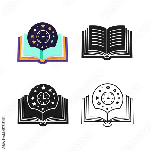 Collection of four open book icons with clocks and stars on white background  educational and time concepts