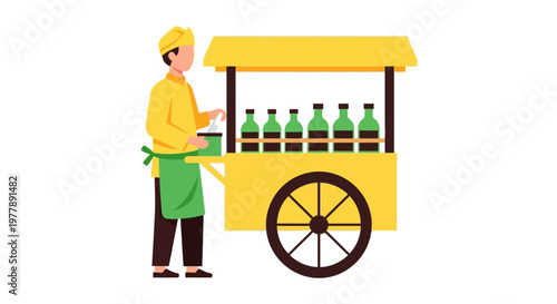 Traditional Indonesian Jamu Seller with Cart, Herbal Medicine Street Vendor Flat Vector Illustration.