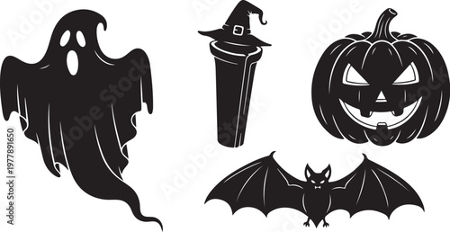 Halloween icons including ghost, witch hat, pumpkin, and bat