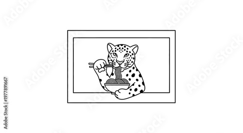 Leopard Eating Noodles with Chopsticks in a Frame