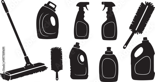 Cleaning supplies and tools for household chores and organization